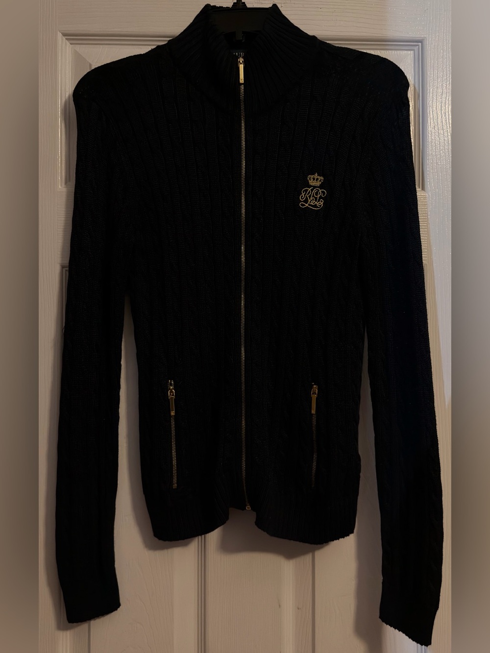 Ralph Lauren Navy Blue Cable-Knit Zip-Up Sweater with Gold Accents